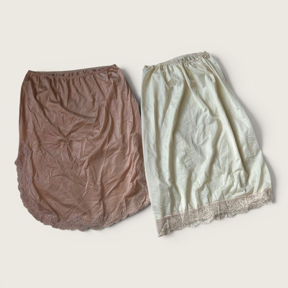 2 Piece Vintage Lingerie Half Slip Lot Sears Pink / Nude White Lace Medium